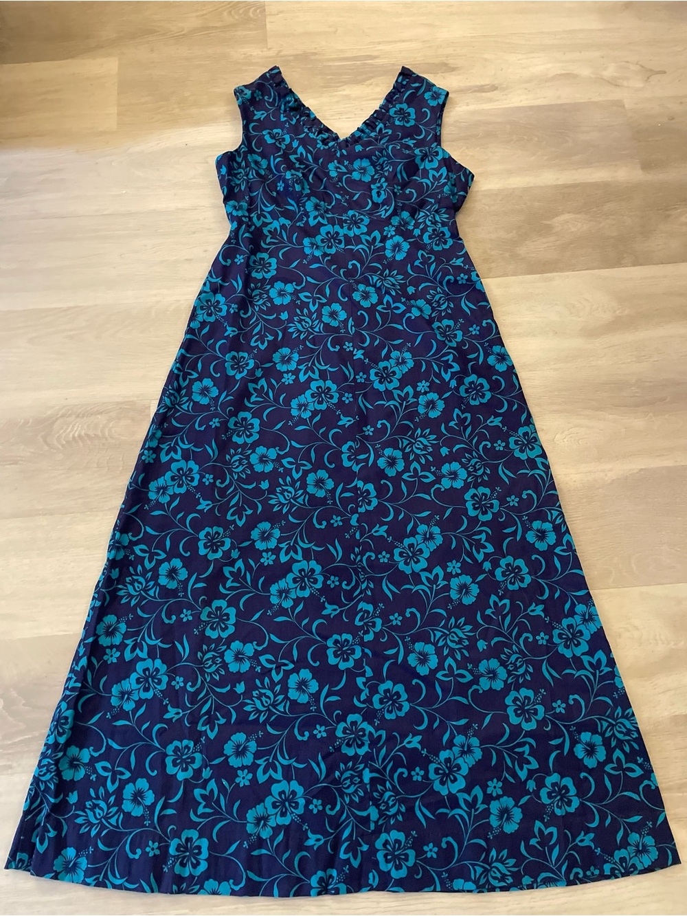 Vintage 70s Hawaiian Blue Floral Hibiscus Maxi Dress ~ Barkcloth ~ L